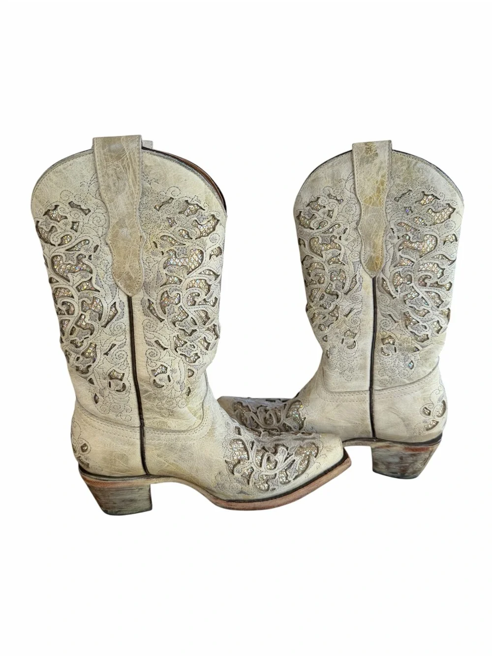 Corral Teens Off-White Glittered Inlay Snip Toe Cowboy Boots T0021 | Size 2
